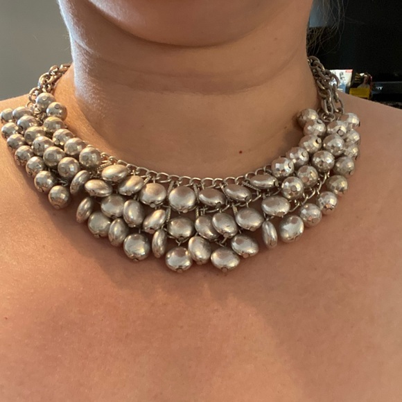 Silver fashion necklace - 3 strands, 2 different style beads. Choker style. - Picture 2 of 5